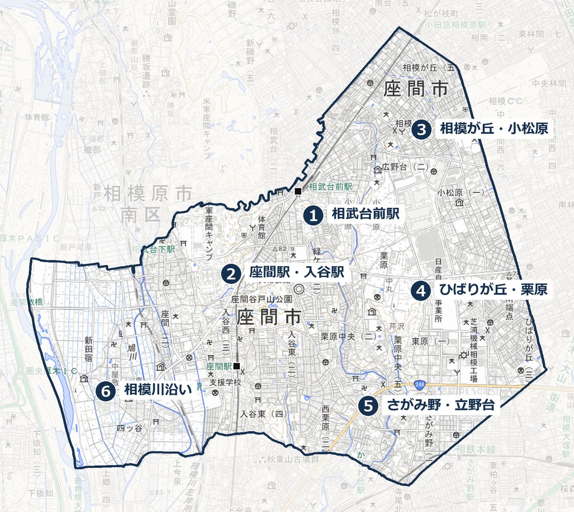 座間市の地図。1 相武台前駅、2 座間駅・入谷駅、3 相模が丘・小松原、4 ひばりが丘・栗原、5 さがみ野・立野台、6 相模川沿いの各エリアの位置と、相武台前駅・座間駅・入谷駅