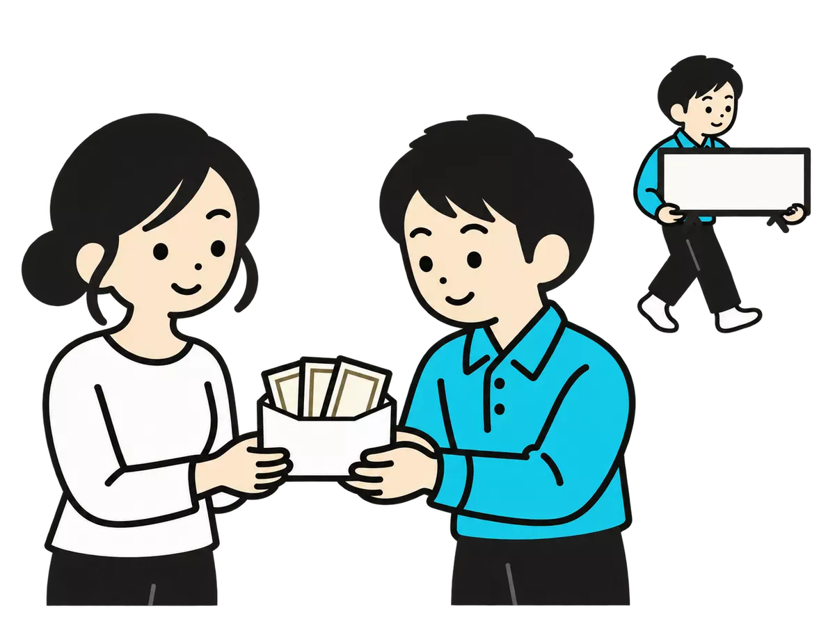 スタッフから現金の入った封筒を受け取る女性と、奥でテレビを運び出すスタッフ
